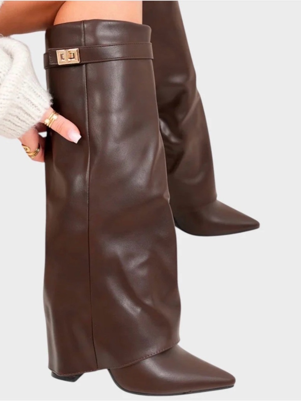 Brown Leather-Look Knee Boots Skirt Panel — Unbranded